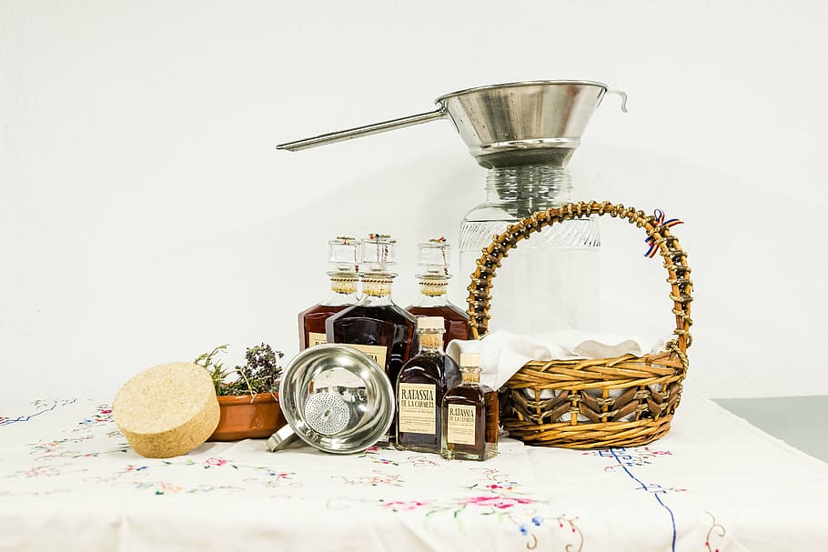 alcohol, alcoholic drinks, basket, bottles, cheese, cork, jar HD wallpaper