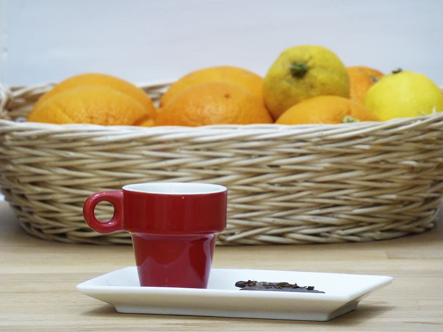 coffee, cup, red, chocolate, fruit, breakfast, orange, drink HD wallpaper