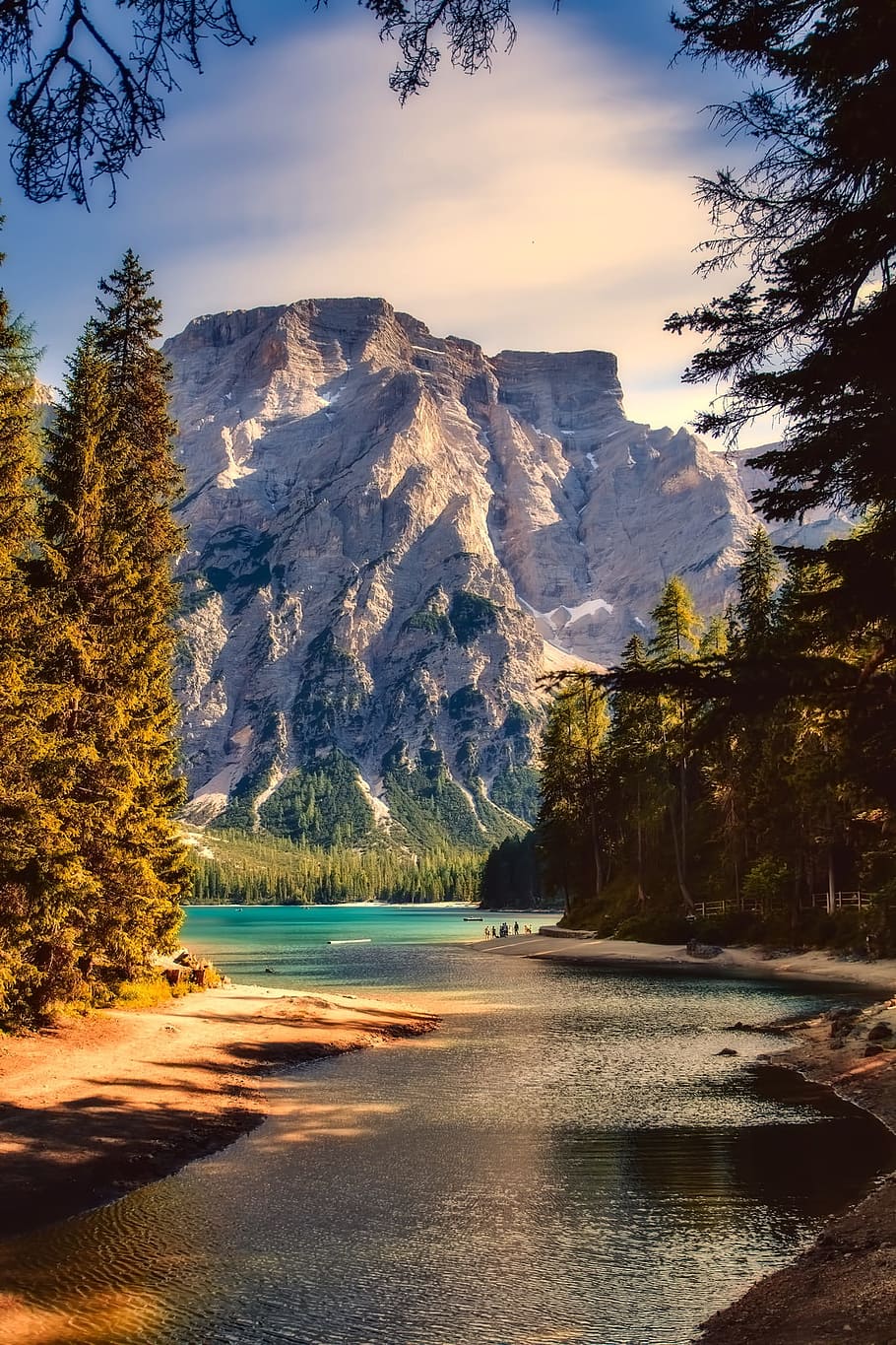 snow mountain near lake, italy, mountains, sky, clouds, landscape HD wallpaper