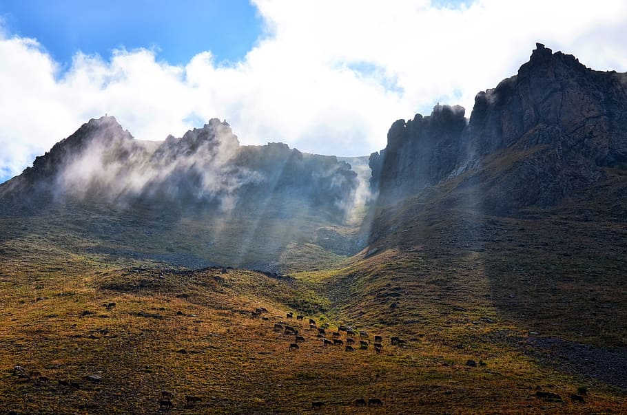 landscape, mountains, nature, clouds, blue, daylight, fog, grass HD wallpaper