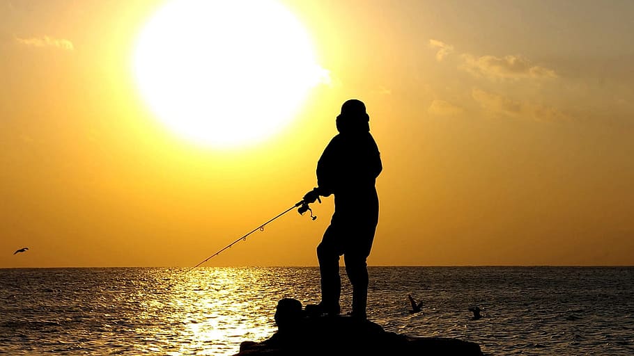 mar, fishing, sol, silhouette, sky, water, sunset, sea, horizon over water HD wallpaper