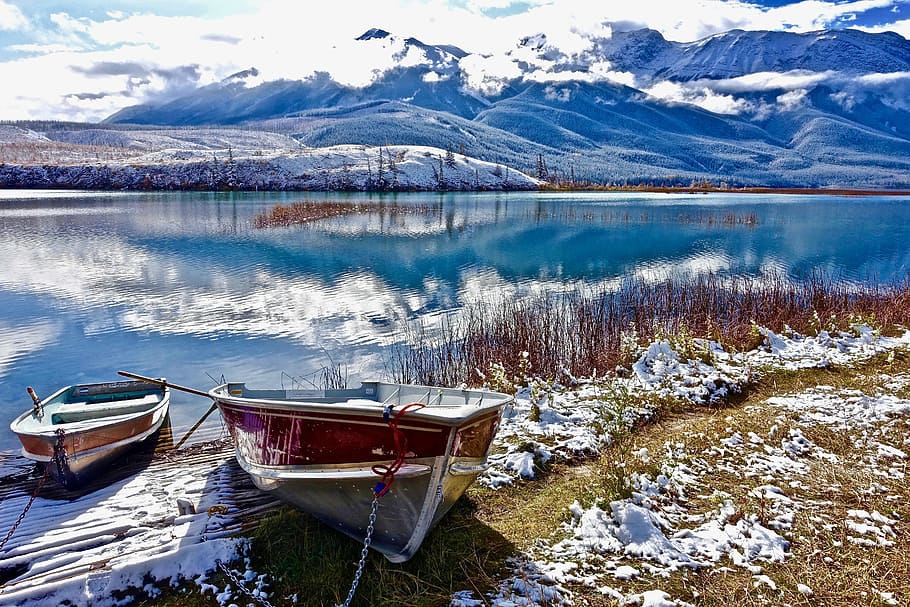 two brown boats near body of water in daytime, lake, wilderness HD wallpaper