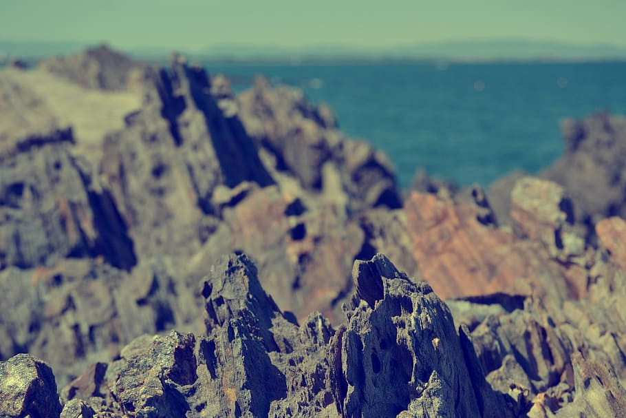 sea, rocks, beach, landscape, blue, nature, water, stones, beauty in nature HD wallpaper