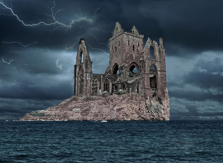 brown concrete building surrounded by water with lightning background HD wallpaper