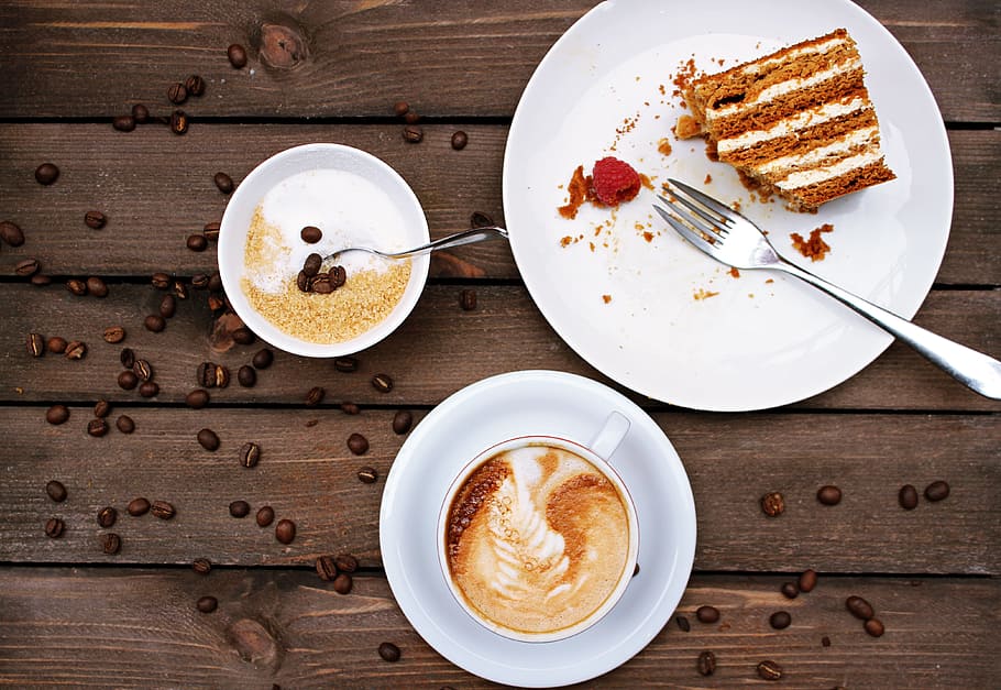 slice of cake on plate beside cappuccino, Honey Cake, coffee
