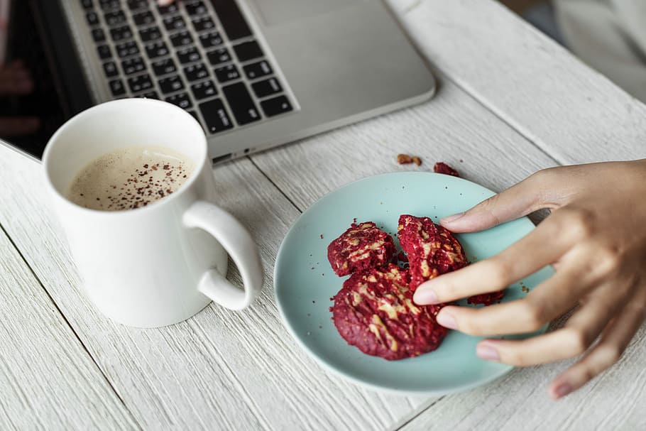 person picking cookie on teal ceramic saucer, food, coffee HD wallpaper