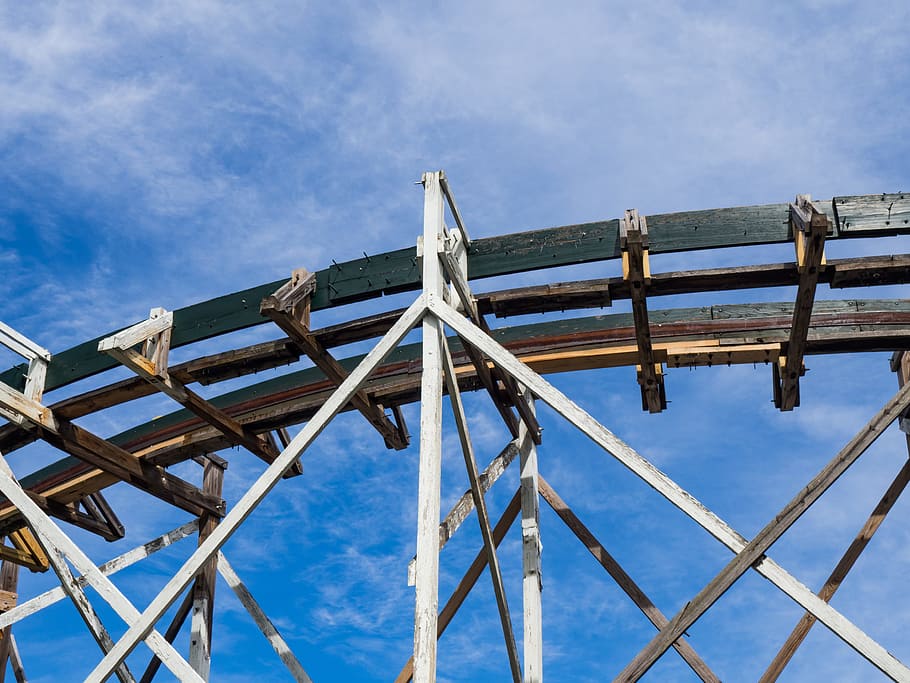 Wooden Rollercoaster Tracks Under Blue Sky, white, Amusement Park HD wallpaper