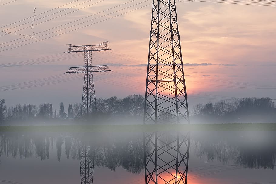 silent, sun, haze, sunset, sky, electricity, electricity pylon HD wallpaper
