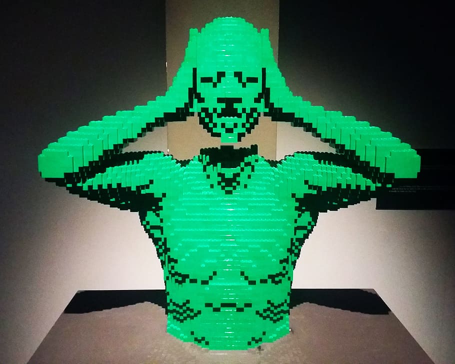 person holding head hologram, Art, View, Nathan Sawaya, Lego HD wallpaper