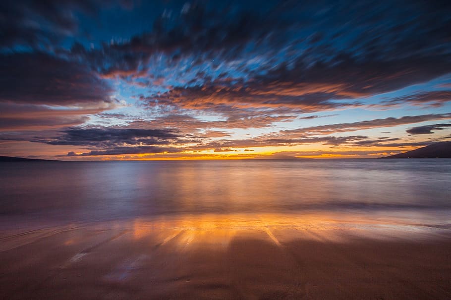 sunset, ocean, beach, reflections, scenery, colors, tranquil HD wallpaper