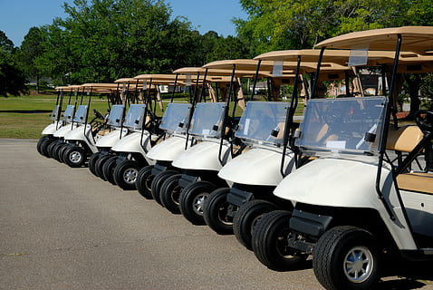 white golf cart on parking area, golf carts, course, green HD wallpaper