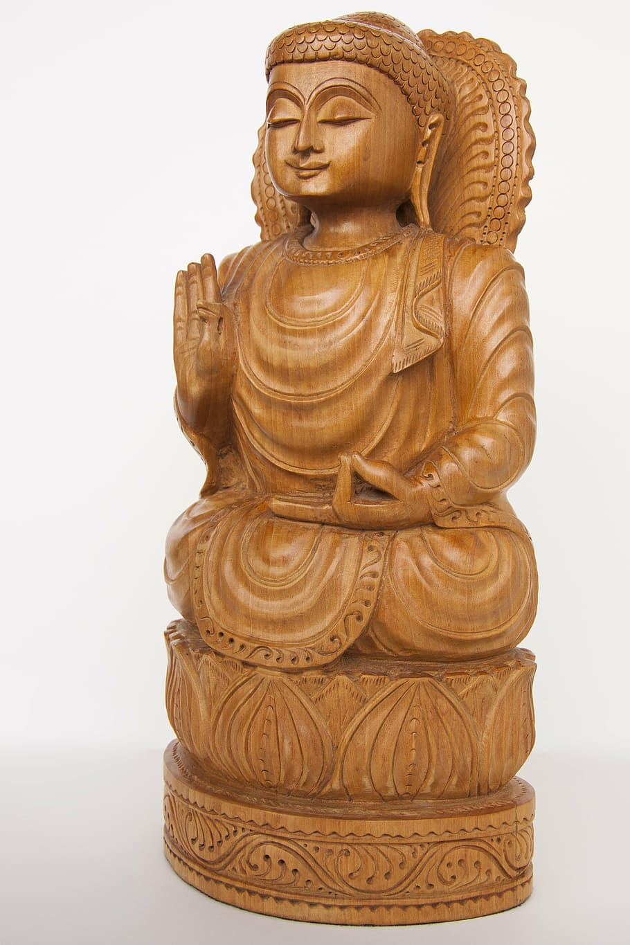 brown Abhaya Mudra figurine, art, asia, buddha, smiling, sculpture, HD wallpaper