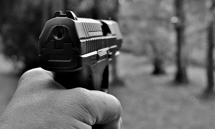 grayscale photography of a person holding black semi-automatic pistol, HD wallpaper