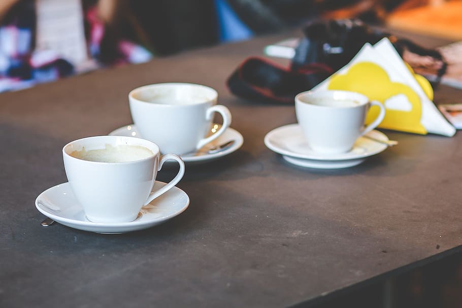 white ceramic cups on surface, coffee, morning, table, restaurant HD wallpaper
