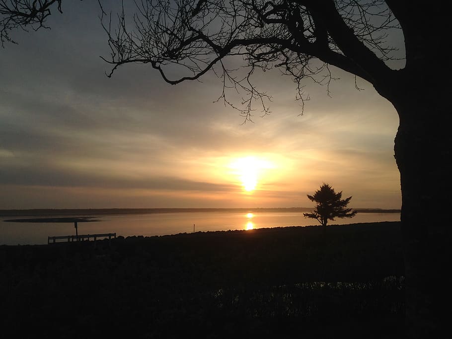 sunset, bay, coastline, ocean, nature, water, dusk, sky, silhouette HD wallpaper