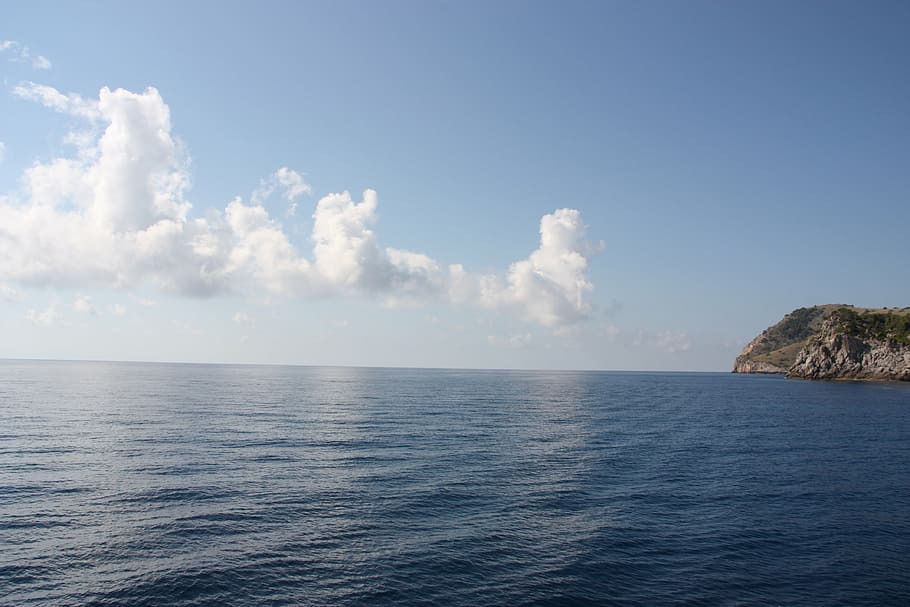 mallorca, sea, ship, boot, view, rock, coast, blue, water, sky HD wallpaper
