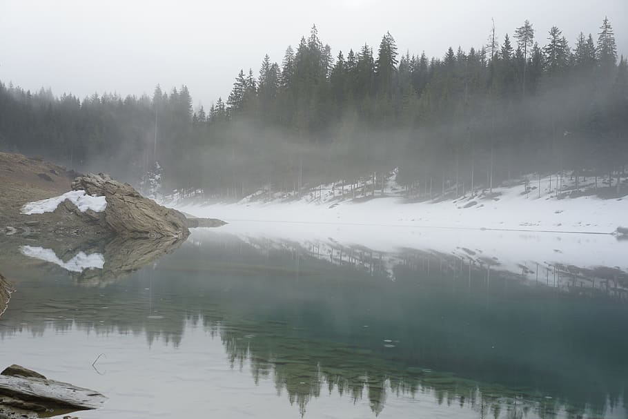 Lake, Snow, Landscape, Winter, Bergsee, alpine, trees, forest HD wallpaper
