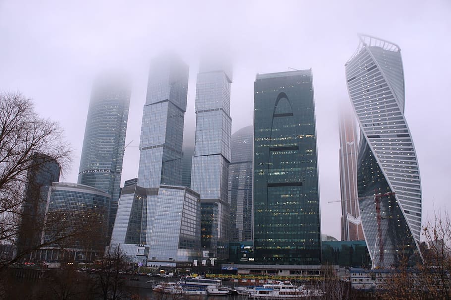 high-rise buildings in urban area covered in white fog, moscow HD wallpaper