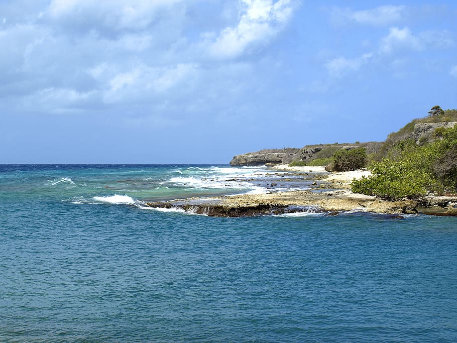 beach, caribbean, antilles, sand beach, rock, abc islands, curacao, HD wallpaper