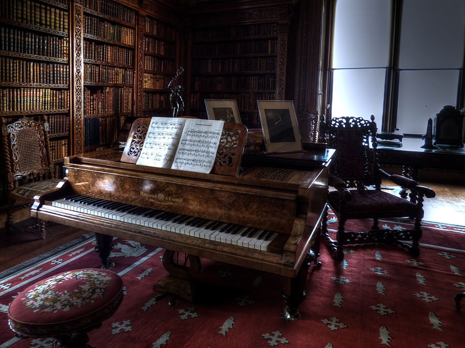 grand piano near book shelf and chair, room, old, architecture