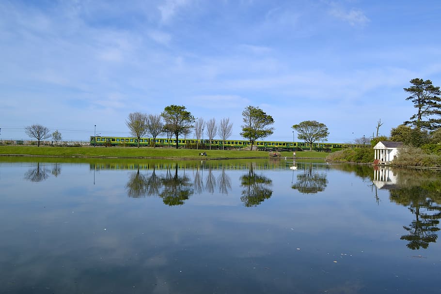 reflection, pond, train, green, blue, peaceful, water, calm HD wallpaper