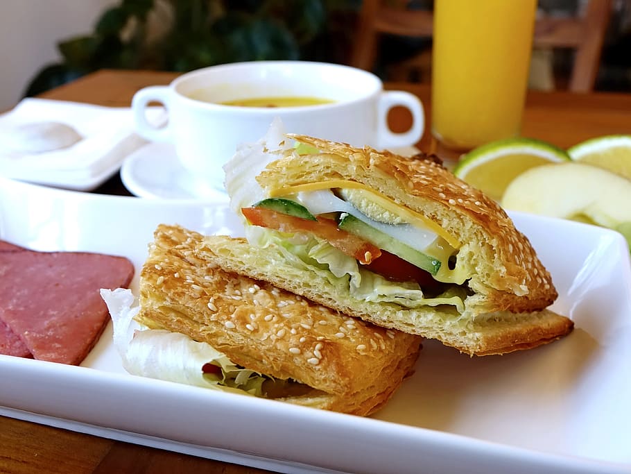 two sandwiches in white tray, breakfast, soup, ham, vegetable HD wallpaper