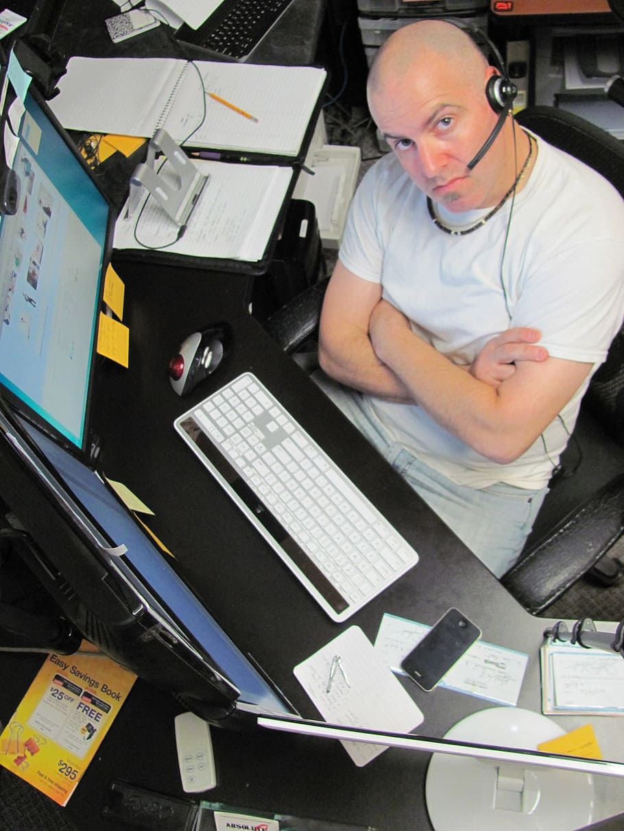 man wearing white shirt sitting on chair, computer, working HD wallpaper