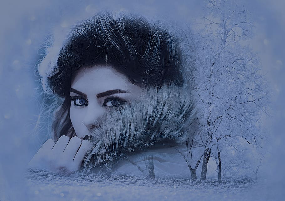 woman's face with trees covered by snow photo, winter, cold HD wallpaper