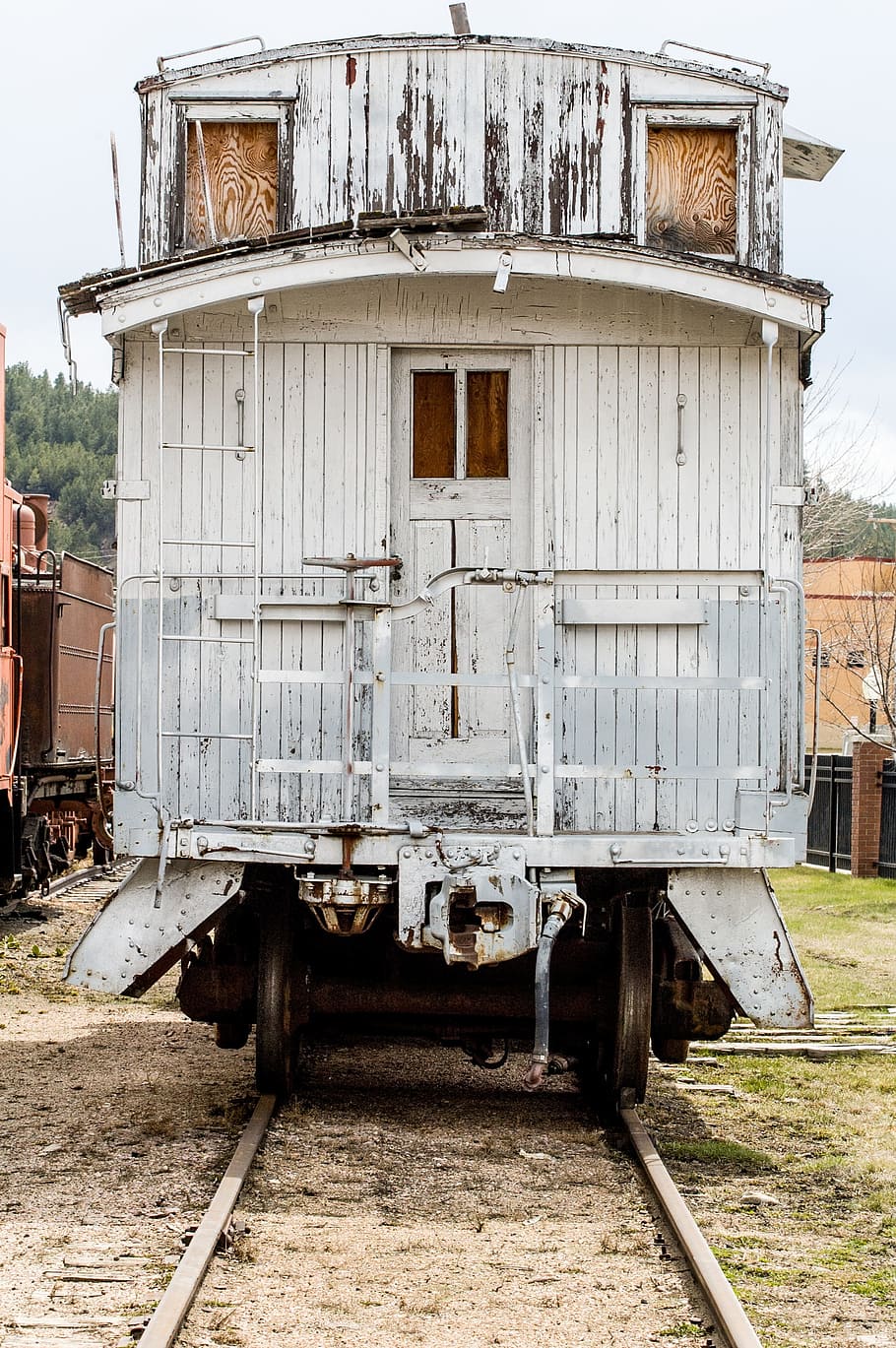 train with white wooden coach on track, caboose, antique, cars
