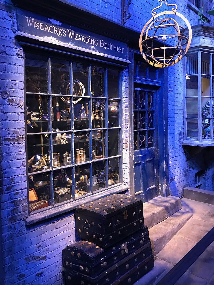 black wooden chest box near display decor, harry potter, diagon alley