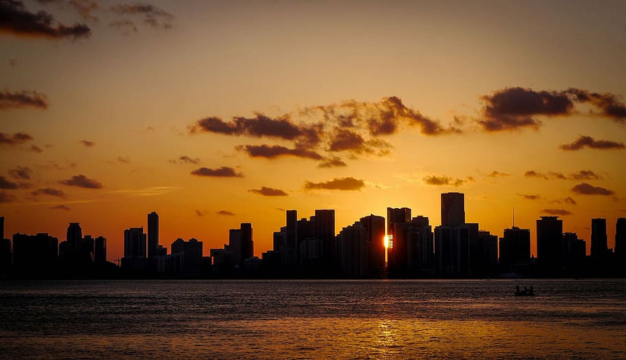 photography of city at sunset, cloudscape, evening, miami, silhouette HD wallpaper