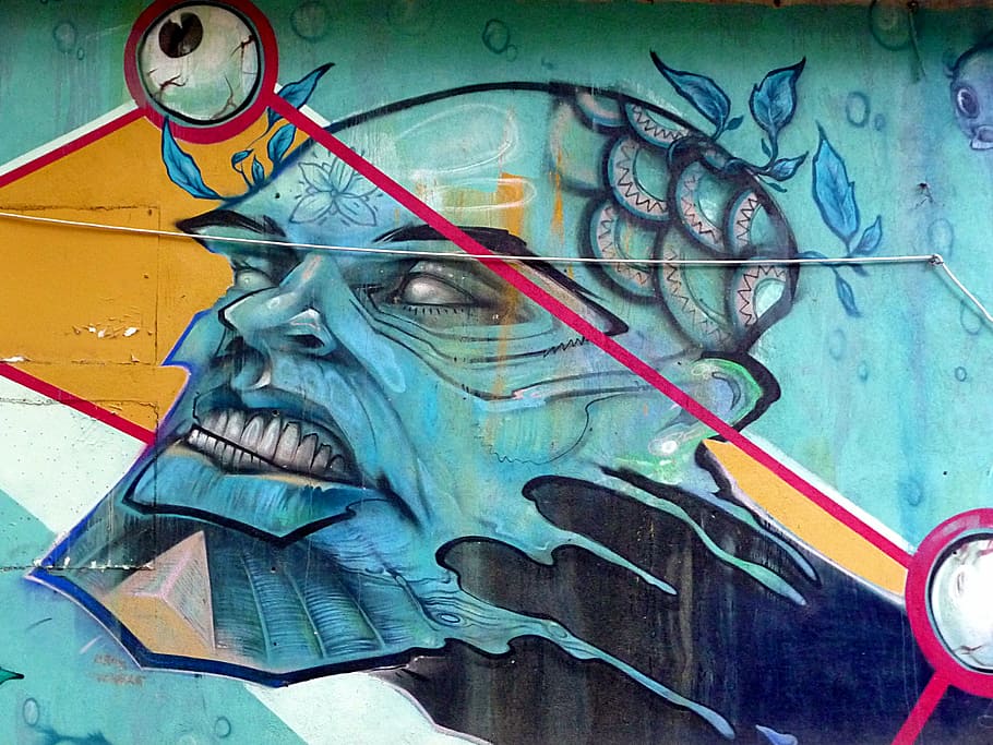 head, blue, œil, graffiti, street art, art and craft, creativity HD wallpaper
