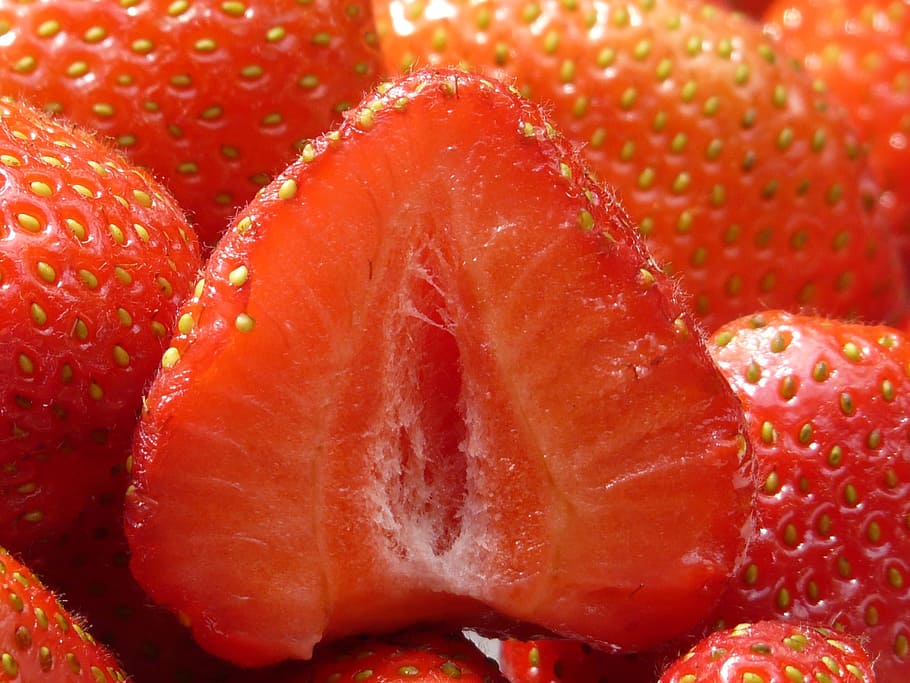 Strawberries, Cut, Fruity, cut in half, red, fruits, sweet, HD wallpaper
