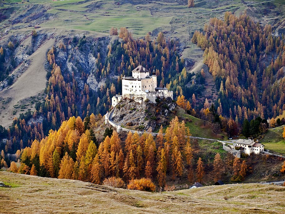 white concrete castle, tarasp, lower engadin, switzerland, autumn