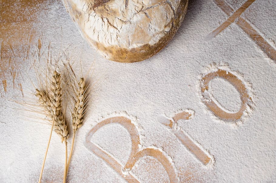 wheat stalks on table with flour, bread, bake, food, baker HD wallpaper