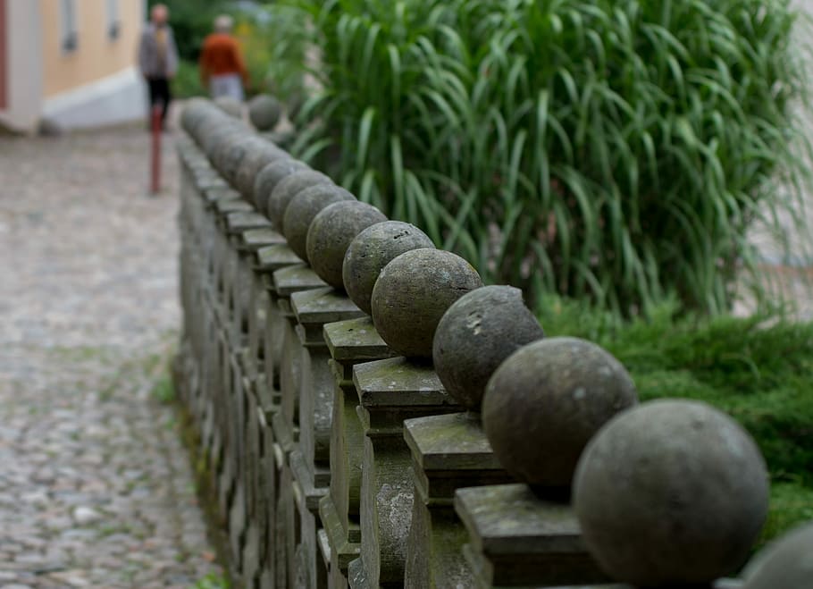 stone, railing, bridge, gateway, old, stone balls, plant, in a row HD wallpaper