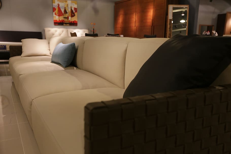 white leather 4-seat sofa with pillows in living room, interior design HD wallpaper