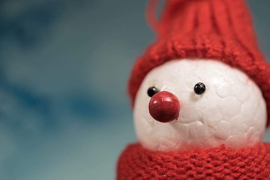 white and red doll, snow man, winter, cap, cold, mood, postcard HD wallpaper