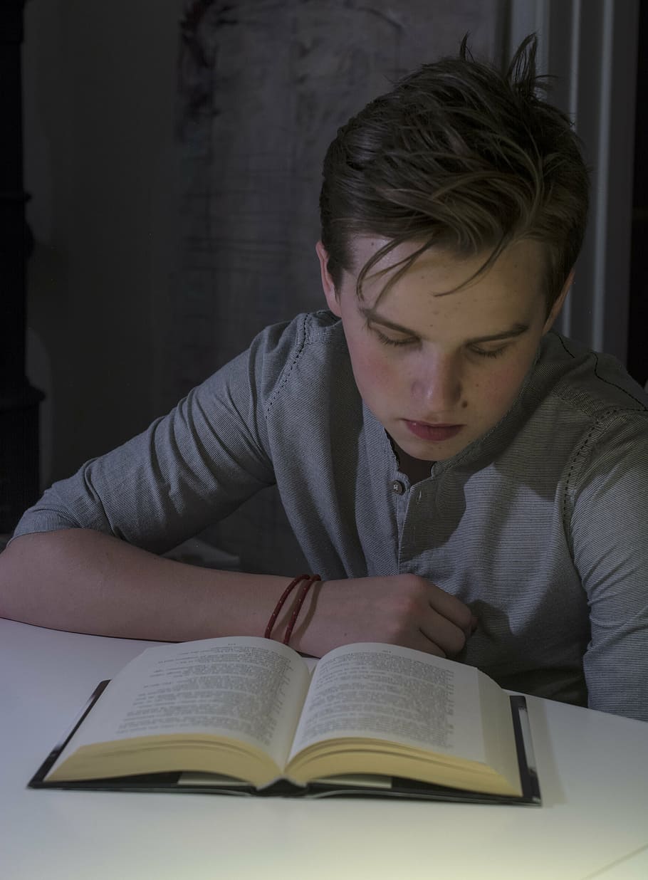boy wearing gray henley shirt reading book, learning, education