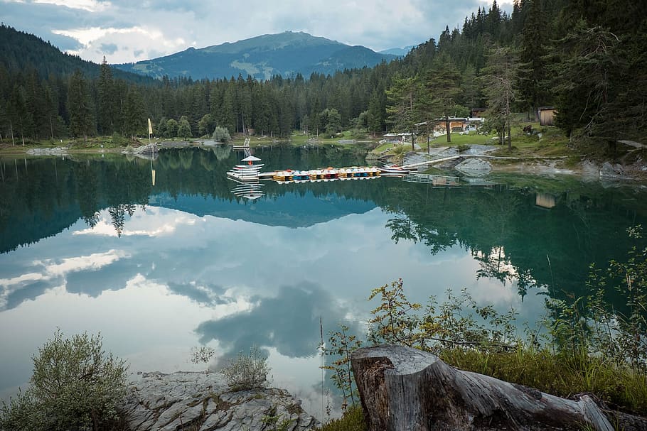 flims, graubünden, switzerland, caumasee, crap sogn gion, pedal boat, HD wallpaper