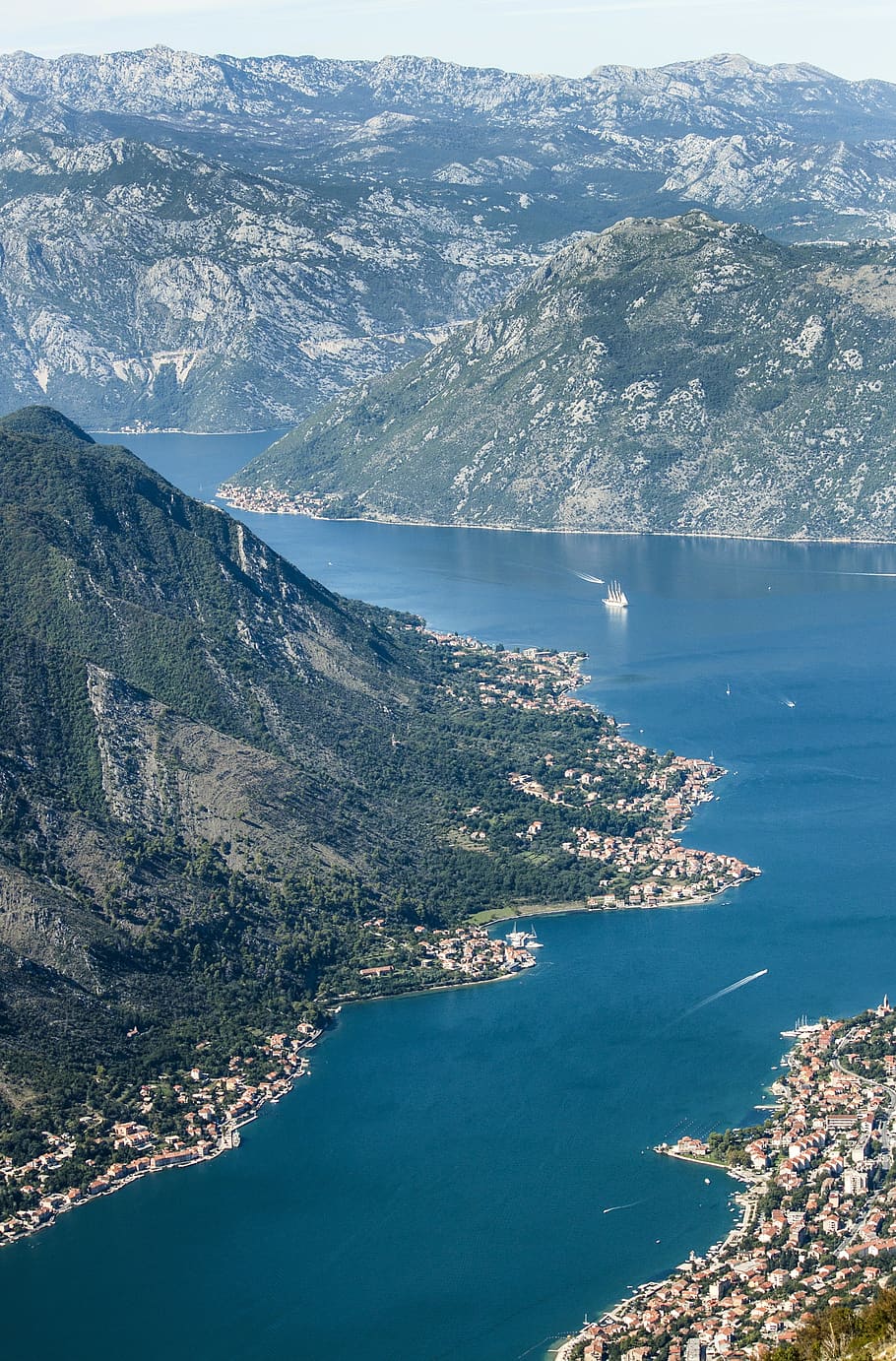 kotor, montenegro, blue, ship, sea, aerial, view, mountain, HD wallpaper