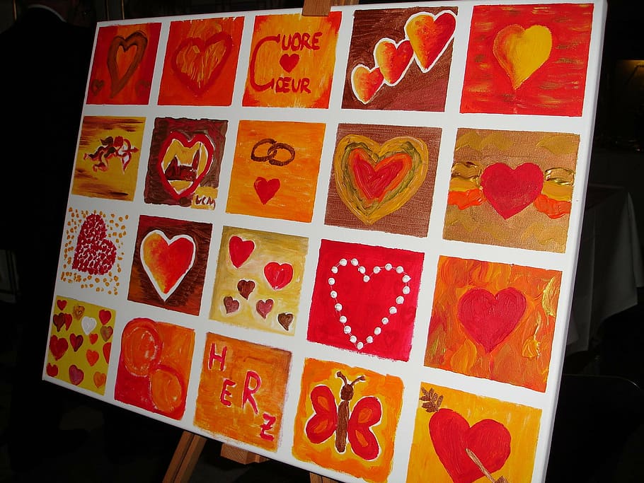 close-up photo of red and white heart collage painting, image HD wallpaper