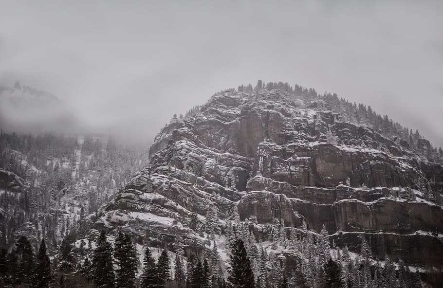snow covered rocky mountain, snowcap mountain, greyscale, photography HD wallpaper