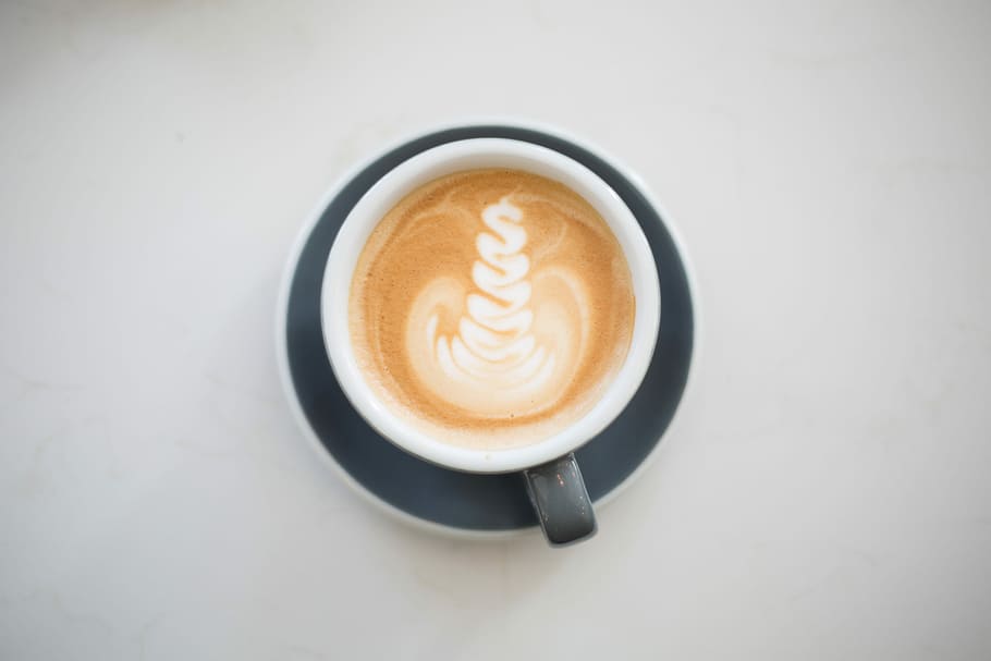 gray and white ceramic cup with coffee latte art, flat lay photography of coffee latte on cup, HD wallpaper