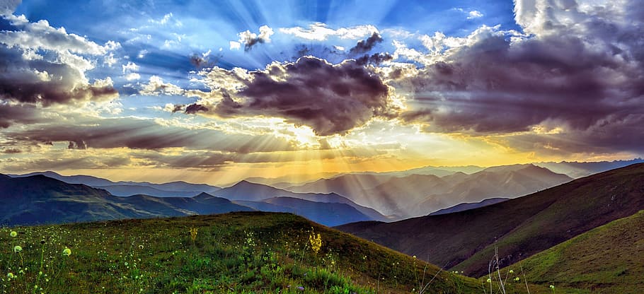 mountains and sun covering by clouds, sunset, dawn, nature HD wallpaper