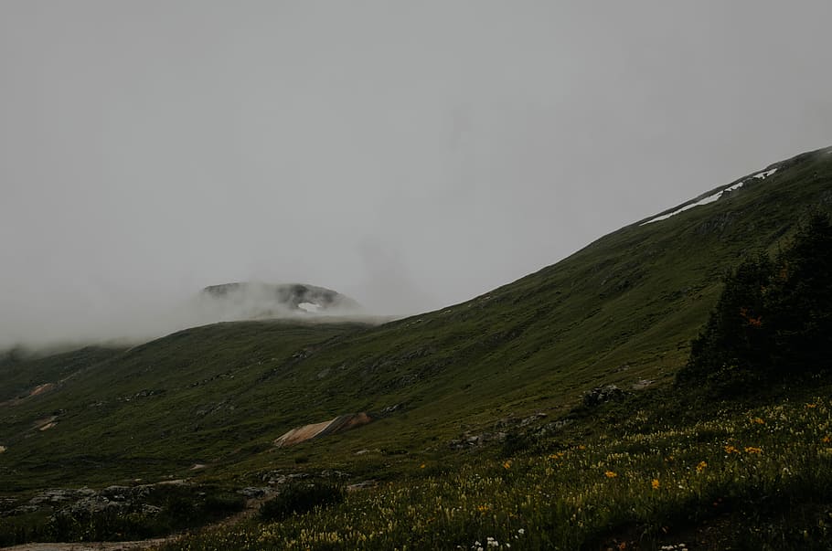 green mountains under gray sky during daytime, landscape photography of mountains covered by clouds HD wallpaper