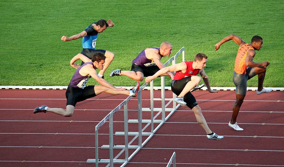 people running on obstacle, sport, athletics, sprint hurdles athlete