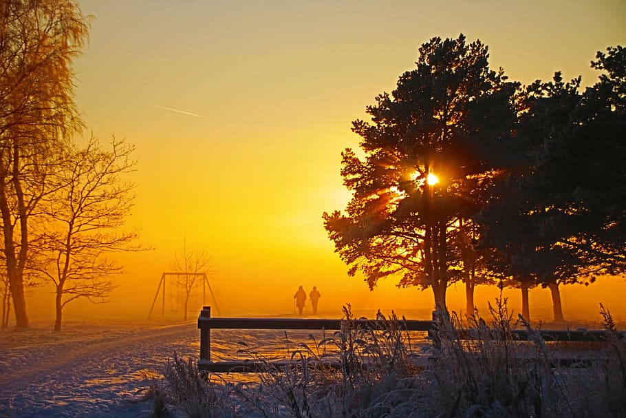 two person walking during sunrise, sunset, two people, winter