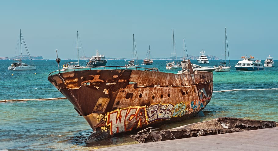 boat, abandoned, shipwreck, broken, old, rusty, red, history