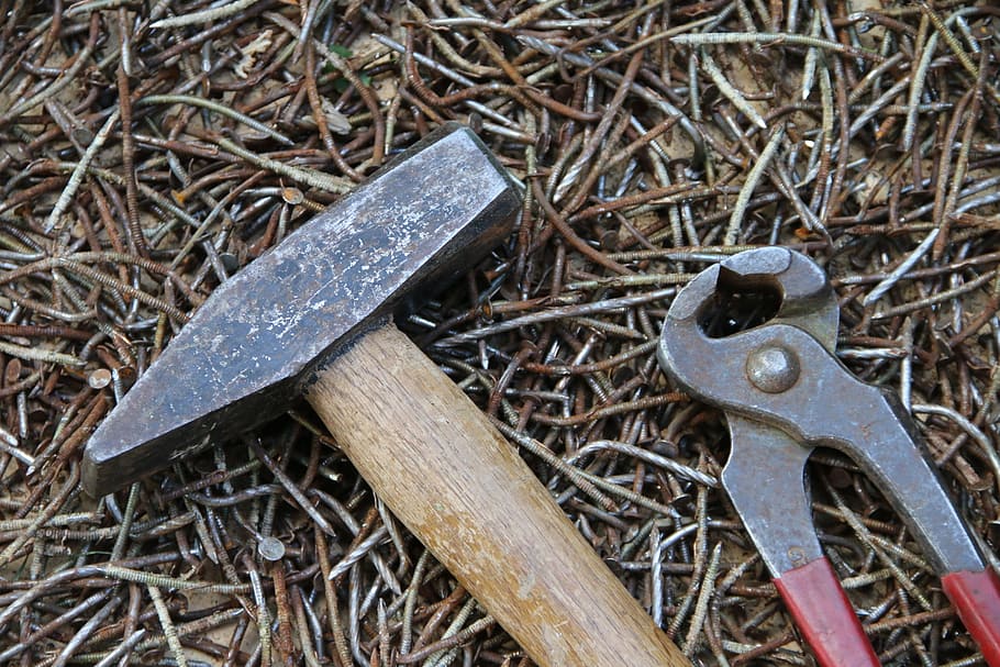 nails, used, rusty, old worn out, iron, work, hammer, pliers HD wallpaper